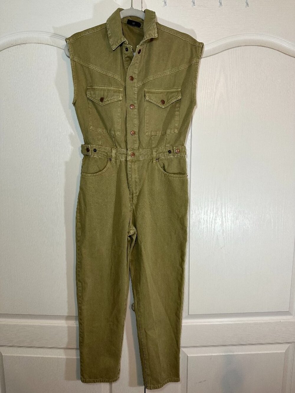 Miou Muse Sleeveless Utility Denim Jumpsuit Olive Green Size S NWOT